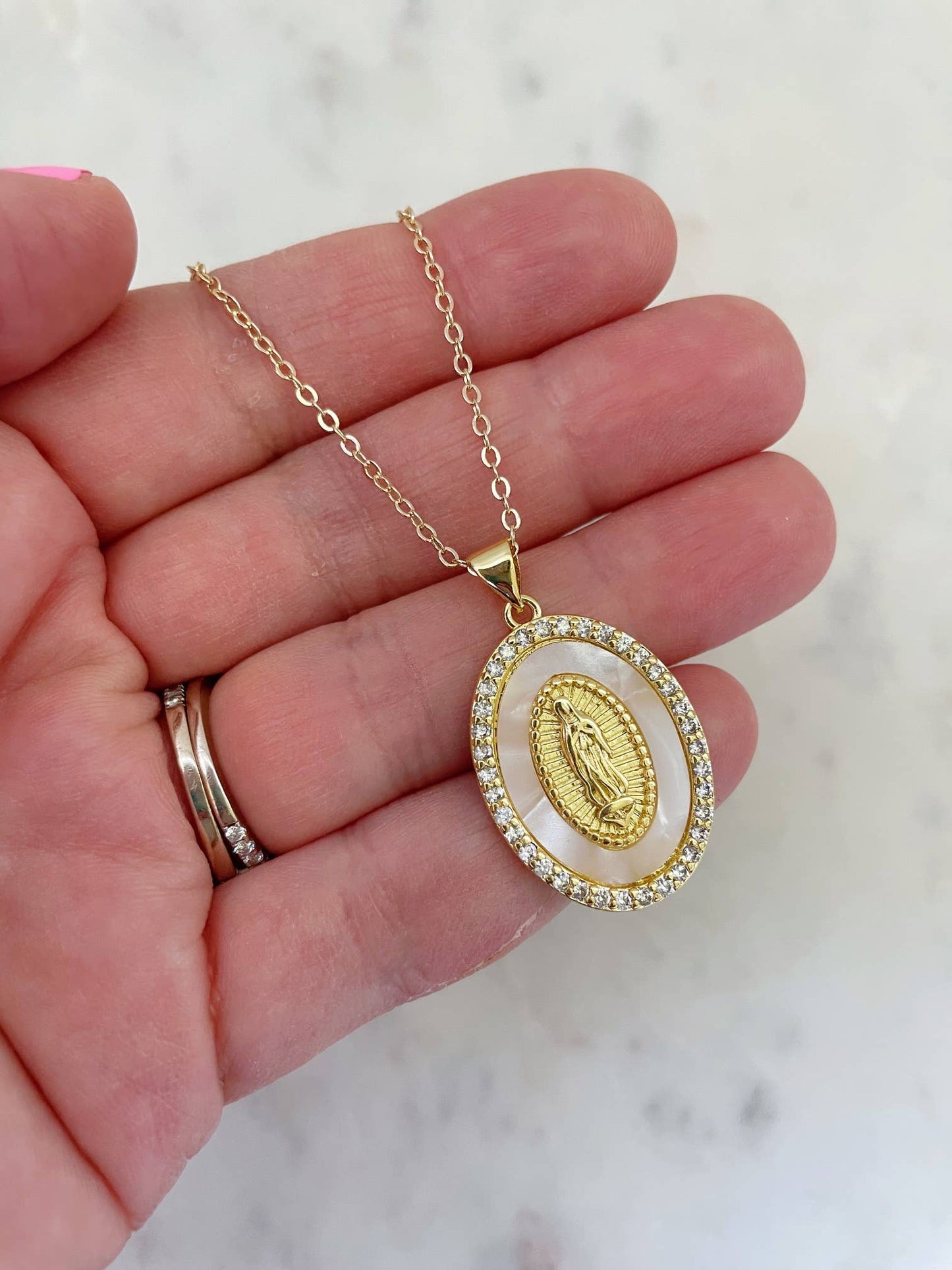 Cream Mary Jewelry, Pendant Necklace, Gold Religious Jewelry