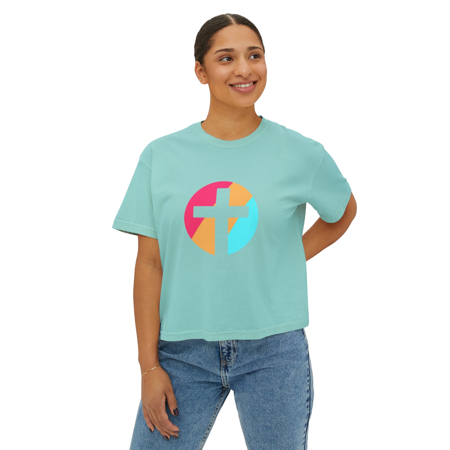 Christian, Multi Colored, Cross, Women's Boxy Tee in Several Colors, Comfort Colors