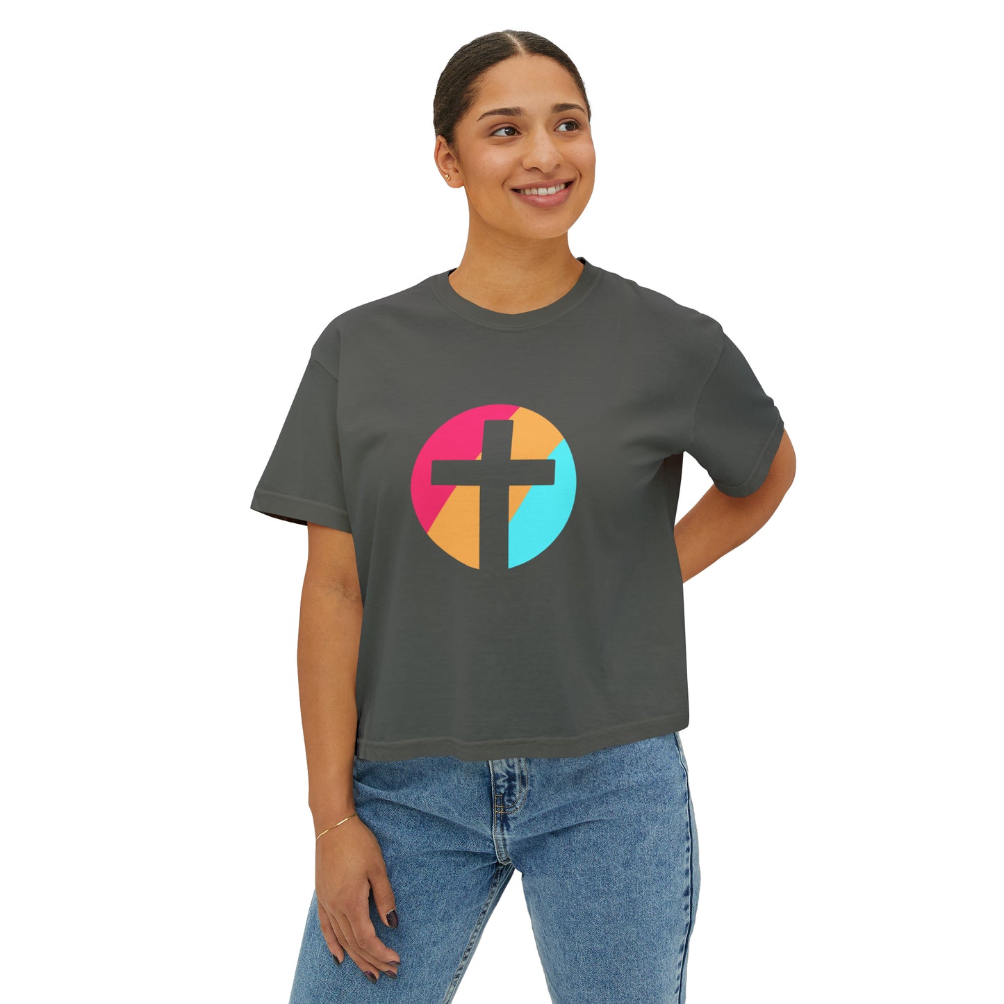 Christian, Multi Colored, Cross, Women's Boxy Tee in Several Colors, Comfort Colors