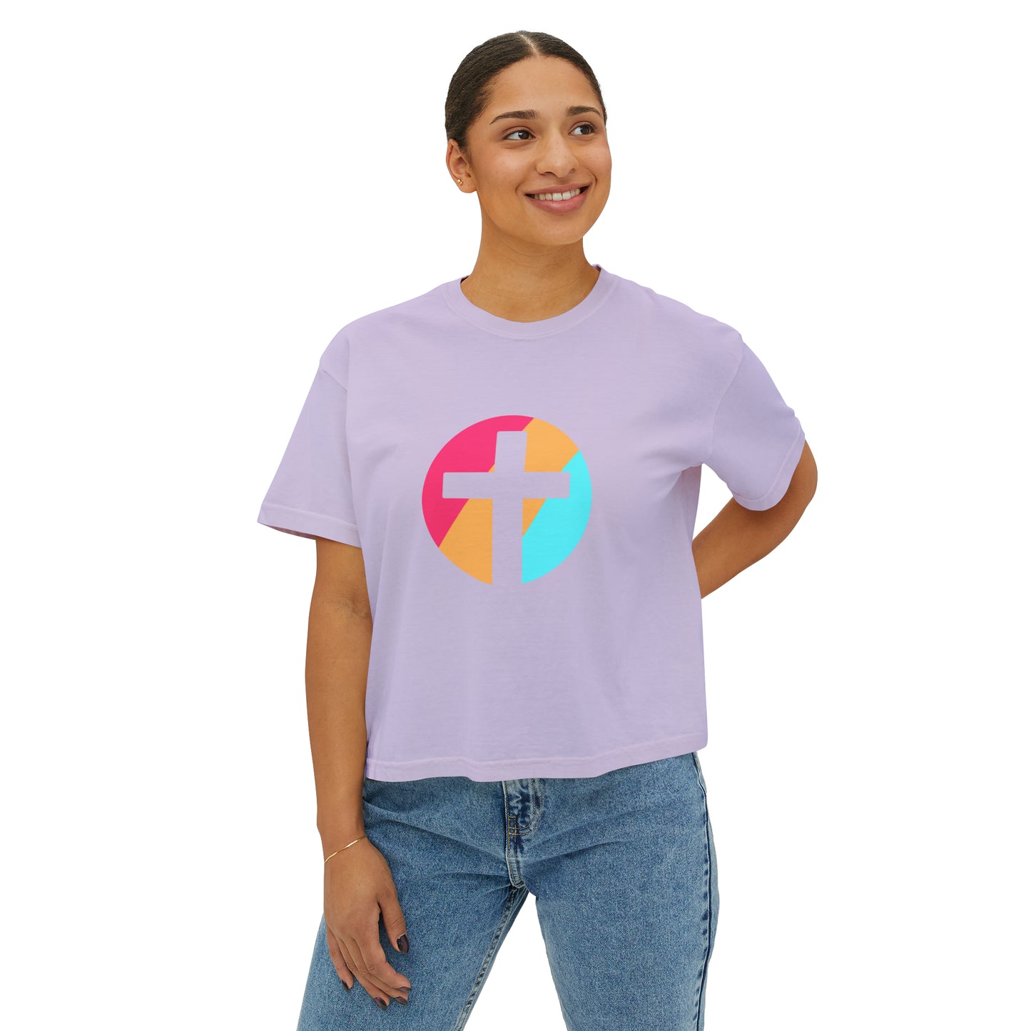 Christian, Multi Colored, Cross, Women's Boxy Tee in Several Colors, Comfort Colors