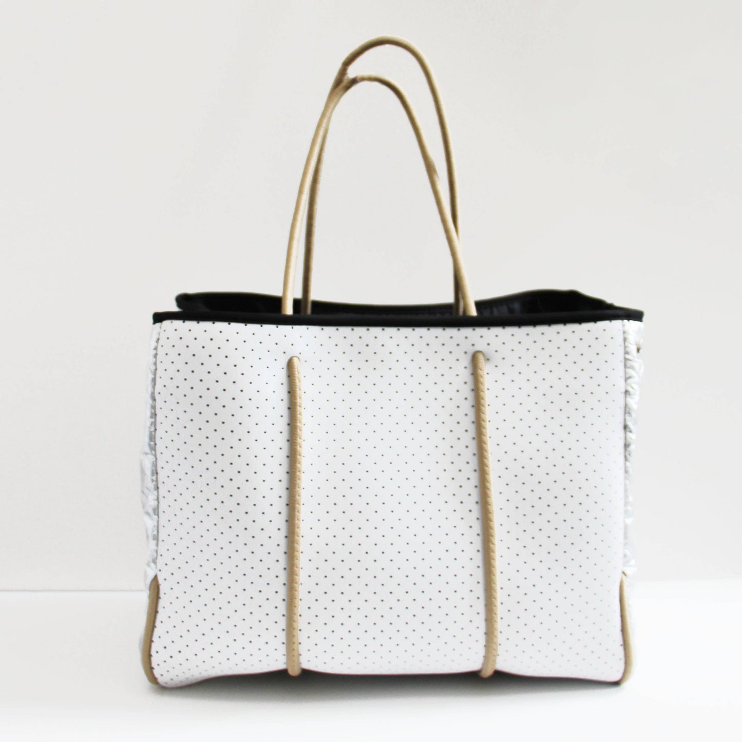 The Ella Neoprene Tote white with Silver Quilted sides