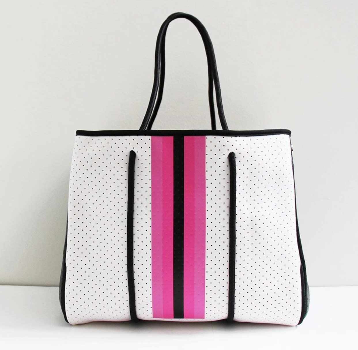 The Ella Tote Winter White Neoprene W/pink Stripe