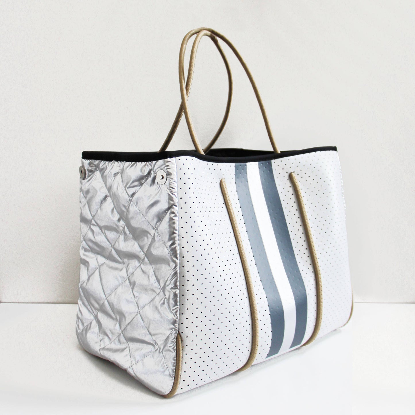 The Ella Neoprene Tote white with Silver Quilted sides