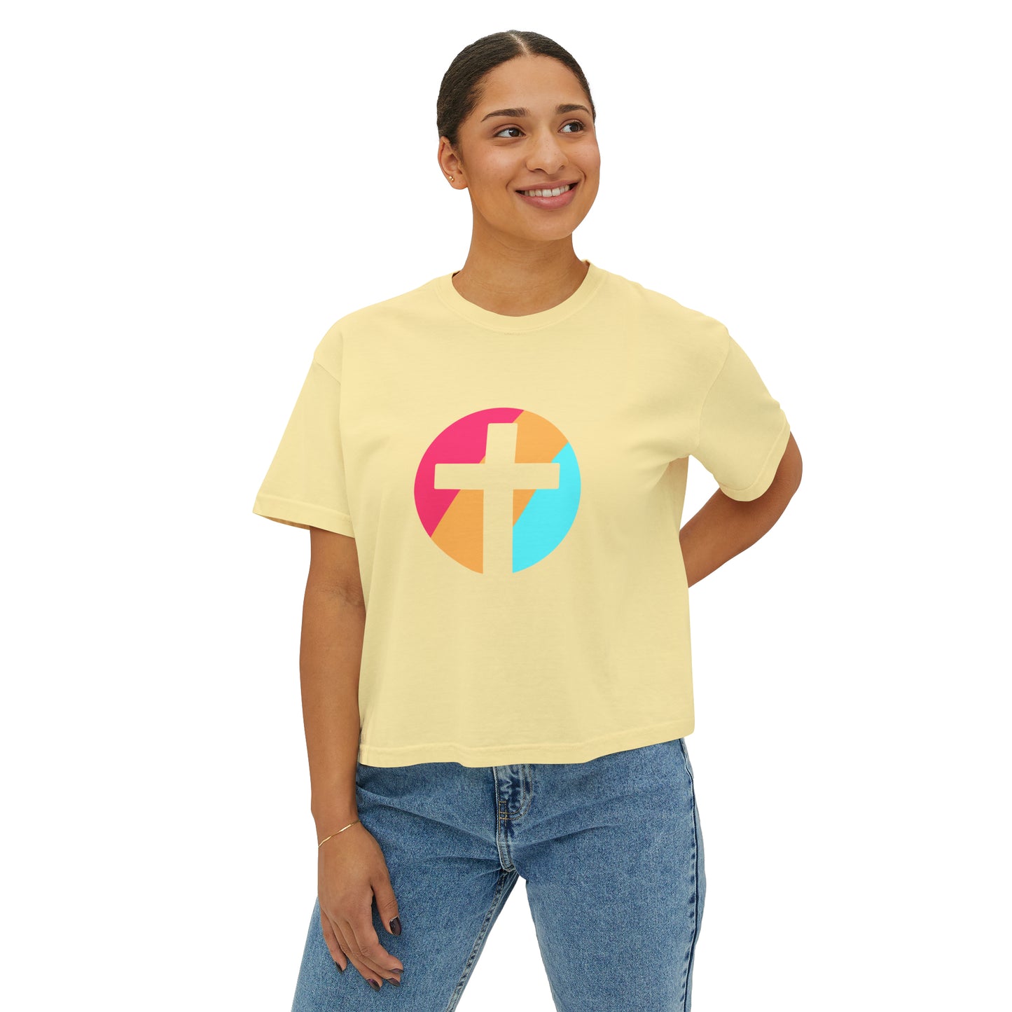 Christian, Multi Colored, Cross, Women's Boxy Tee in Several Colors, Comfort Colors