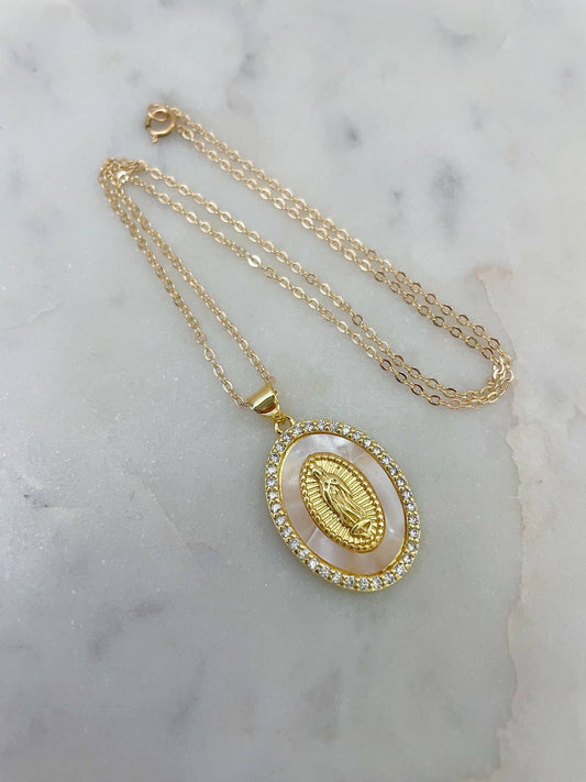 Cream Mary Jewelry, Pendant Necklace, Gold Religious Jewelry