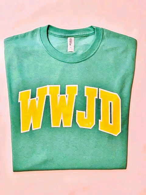 WWJD, Mint and Yellow, Unisex Short Sleeve, Jerzees Adult Dri-Power Active T-shirt