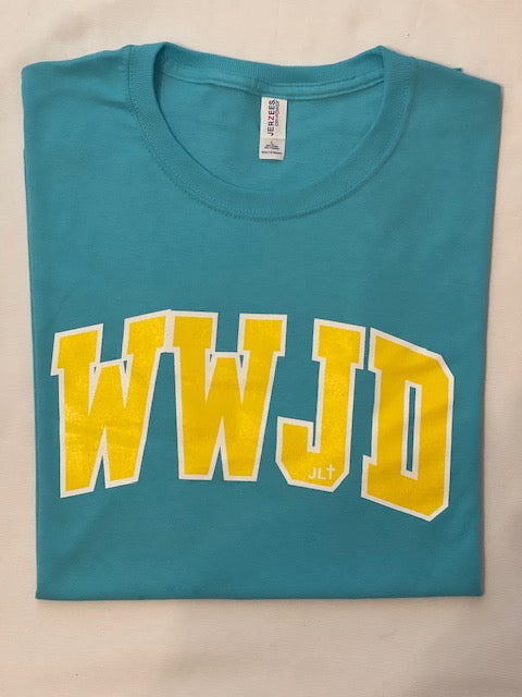 WWJD, Mint and Yellow, Unisex Short Sleeve, Jerzees Adult Dri-Power Active T-shirt