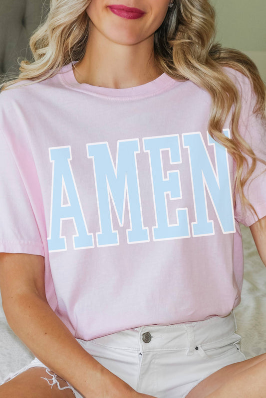 May Charity T-Shirt of the Month, Pink Amen Graphic Tees, Summer T-Shirts, Short Sleeve