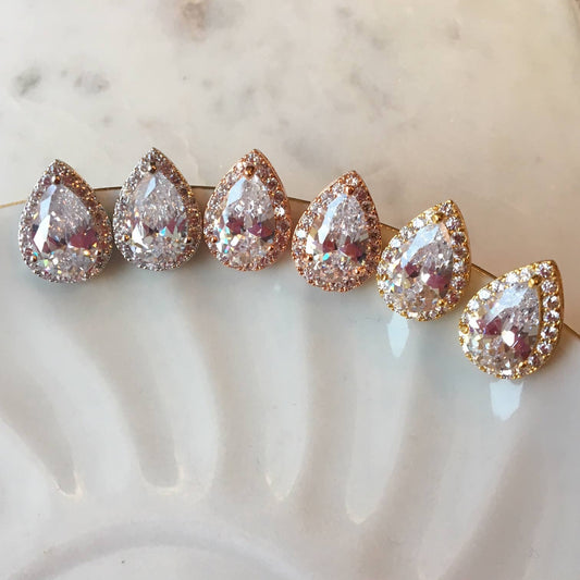 Crystal Teardrop Stud Earrings, CZ Stud Earrings, Bridal