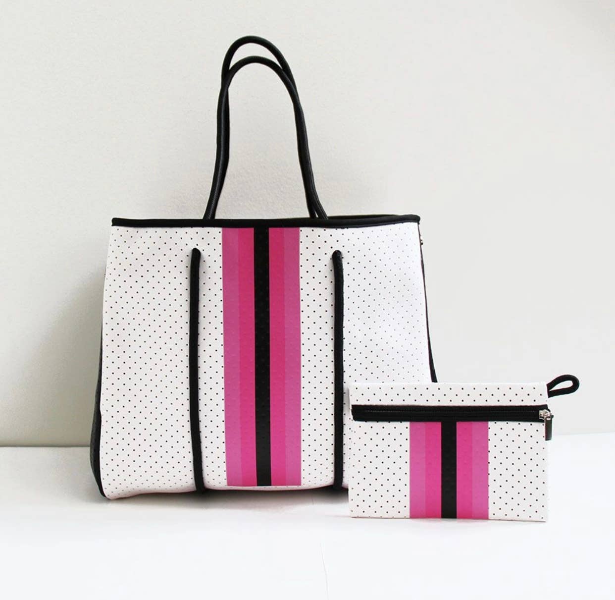 The Ella Tote Winter White Neoprene W/pink Stripe